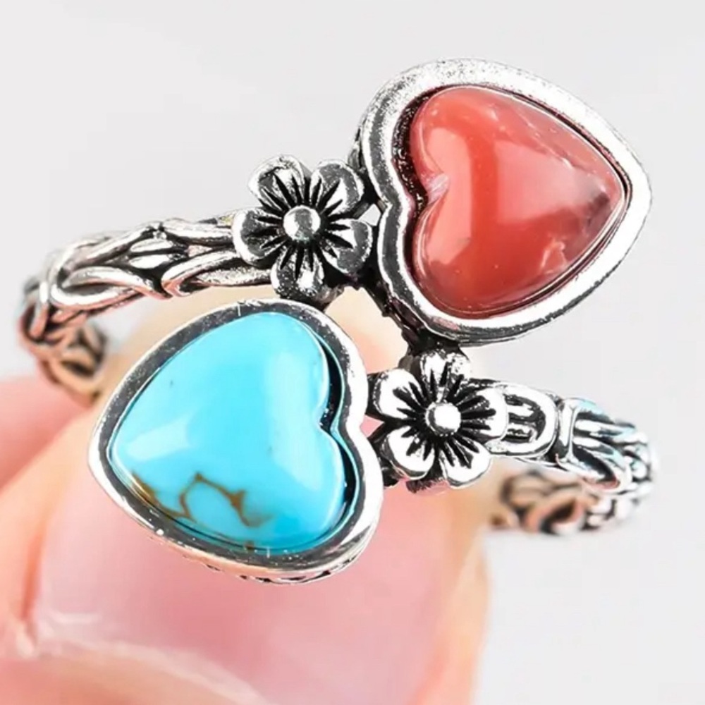 NEW Double Heart Silver Ring, Boho Style